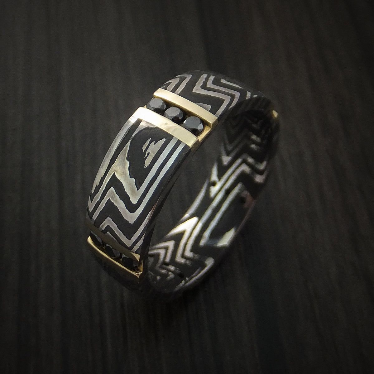 Hector XI - Zebra Damascus Steel Men's Wedding Ring with 14K Gold and Black Diamonds Band - view 3 - Nura Lab