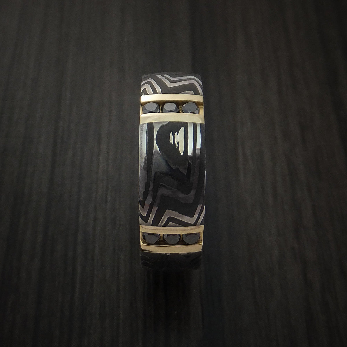 Hector XI - Zebra Damascus Steel Men's Wedding Ring with 14K Gold and Black Diamonds Band - view 4 - Nura Lab