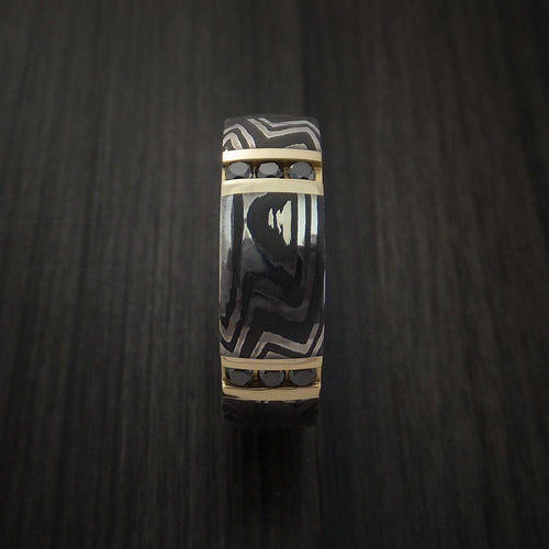 Hector XI - Zebra Damascus Steel Men's Wedding Ring with 14K Gold and Black Diamonds Band - view 4 - Nura Lab