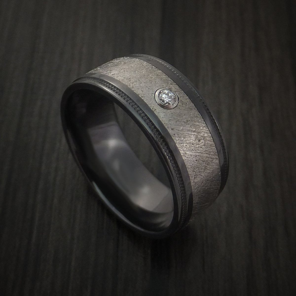 Dusk XVII - Black Zirconium and Gibeon Meteorite Men's Wedding Ring with Diamond Band - Nura Lab