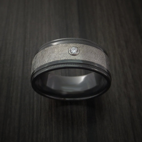 Dusk XVII - Black Zirconium and Gibeon Meteorite Men's Wedding Ring with Diamond Band - view 2 - Nura Lab