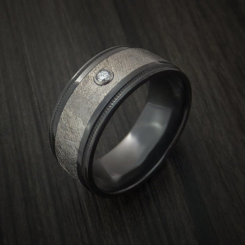 Dusk XVII - Black Zirconium and Gibeon Meteorite Men's Wedding Ring with Diamond Band - view 3 - Nura Lab