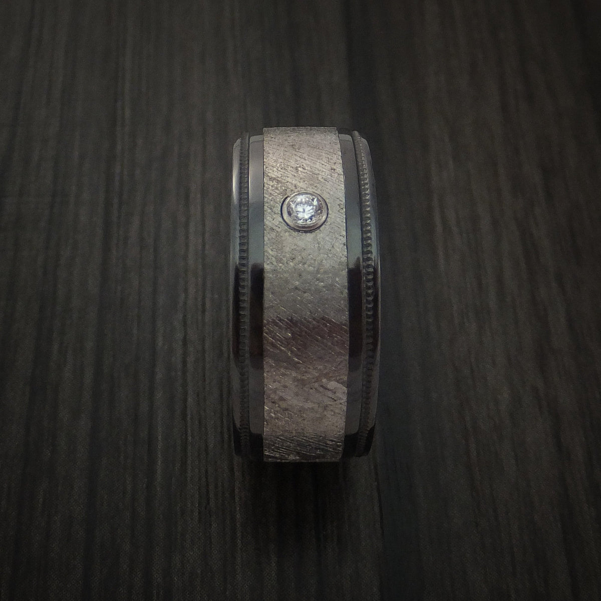 Dusk XVII - Black Zirconium and Gibeon Meteorite Men's Wedding Ring with Diamond Band - view 4 - Nura Lab