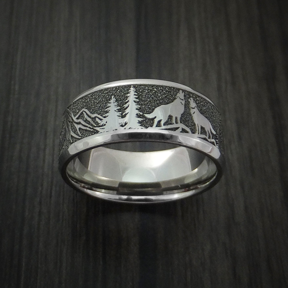 Resolute III - Titanium Men's Wedding Ring with Wolf and Mountain Pattern Hunter Band - view 2 - Nura Lab