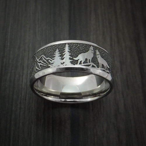 Resolute III - Titanium Men's Wedding Ring with Wolf and Mountain Pattern Hunter Band - view 2 - Nura Lab