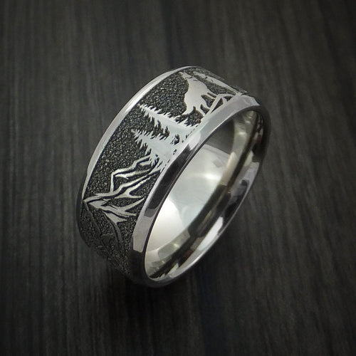Resolute III - Titanium Men's Wedding Ring with Wolf and Mountain Pattern Hunter Band - view 3 - Nura Lab