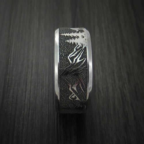 Resolute III - Titanium Men's Wedding Ring with Wolf and Mountain Pattern Hunter Band - view 4 - Nura Lab