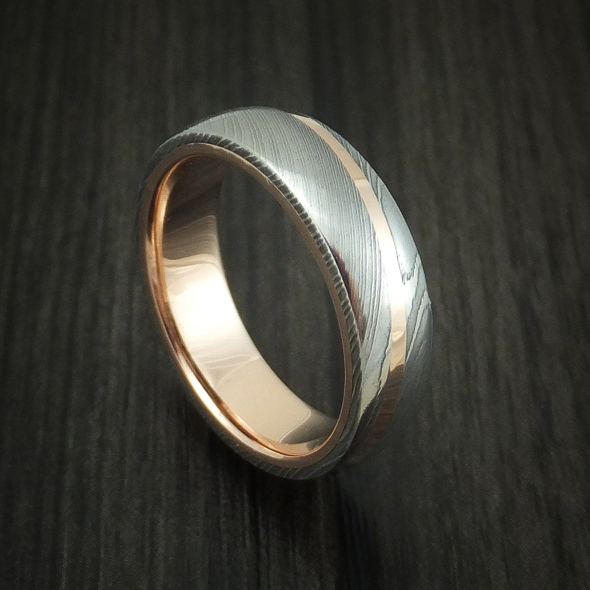 Foundry XI - Damascus Steel Diagonal 14K Rose Gold Men's Ring Wedding Ring - Nura Lab