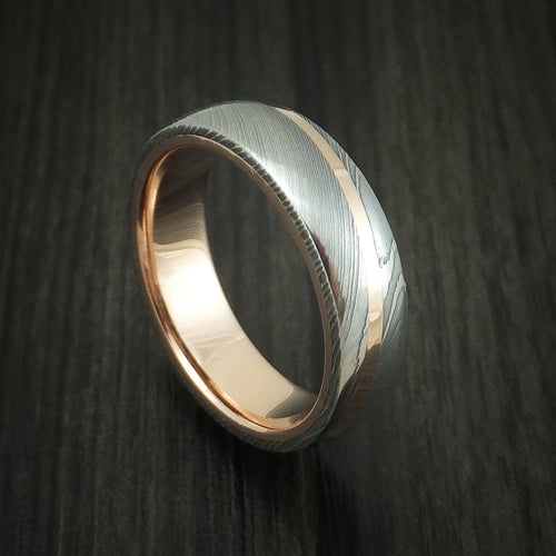 Foundry XI - Damascus Steel Diagonal 14K Rose Gold Men's Ring Wedding Ring - Nura Lab