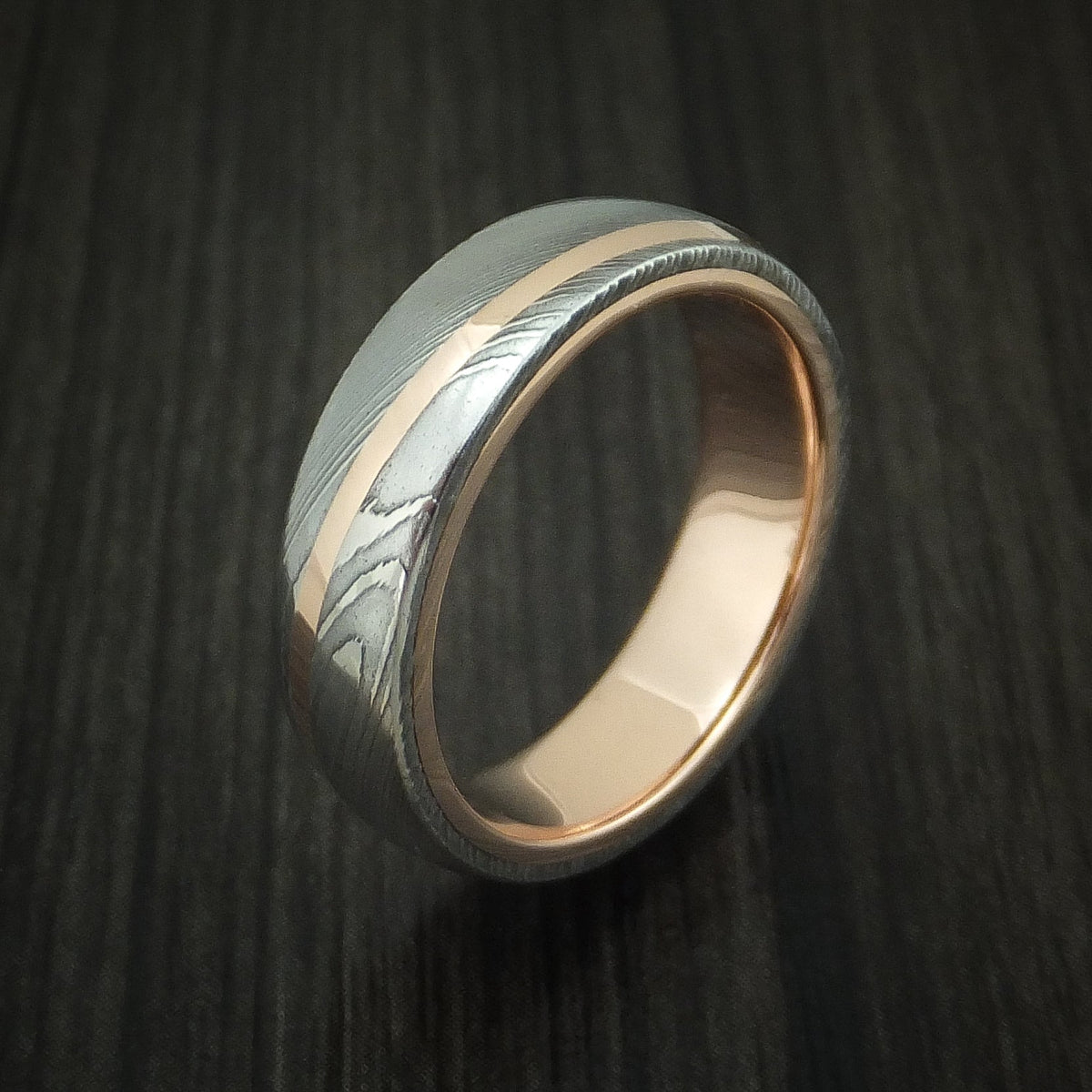 Foundry XI - Damascus Steel Diagonal 14K Rose Gold Men's Ring Wedding Ring - view 3 - Nura Lab