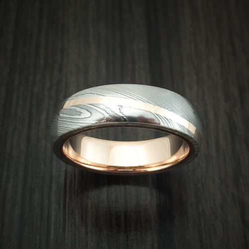 Foundry XI - Damascus Steel Diagonal 14K Rose Gold Men's Ring Wedding Ring - view 2 - Nura Lab