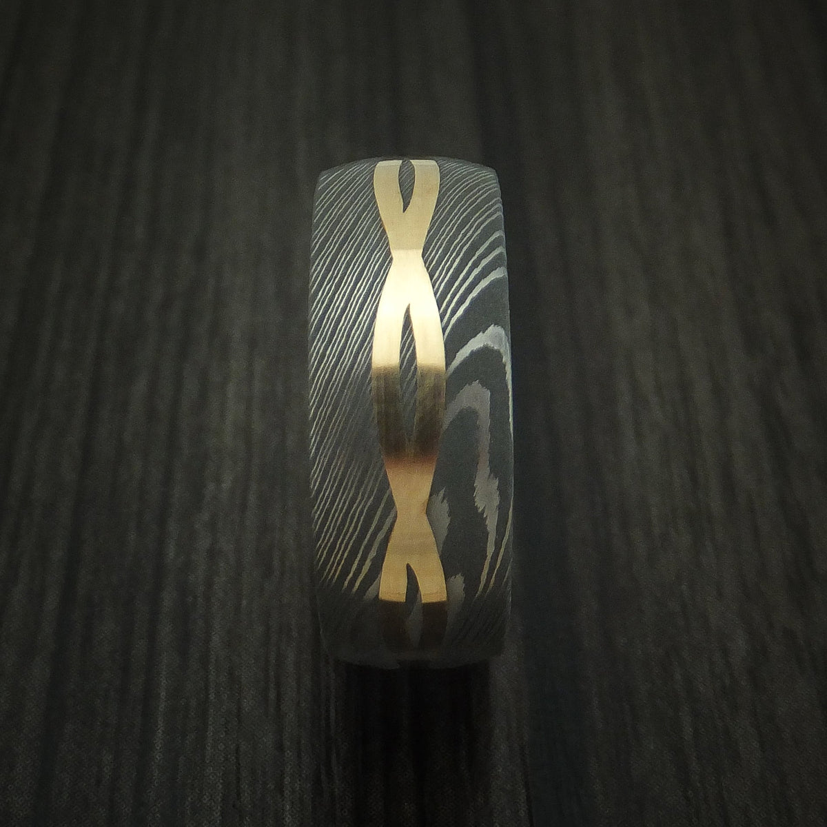 Mariner X - Damascus Steel 14K Yellow Gold Celtic Knot Men's Ring Infinity Design with Sleeve Wedding Ring - view 3 - Nura Lab
