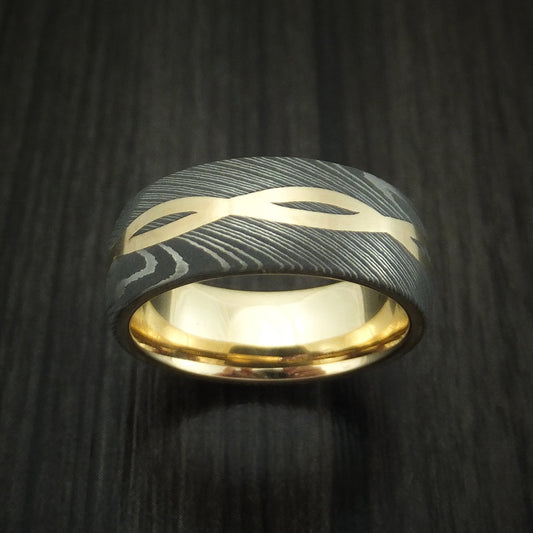 Mariner X - Damascus Steel 14K Yellow Gold Celtic Knot Men's Ring Infinity Design with Sleeve Wedding Ring - view 2 - Nura Lab
