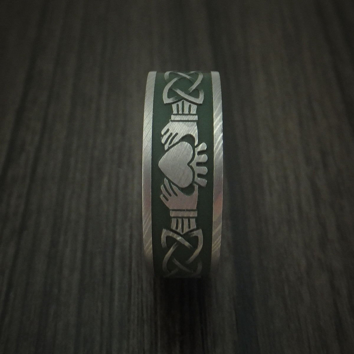 Resolute VIII - Damascus Steel Celtic Irish Claddagh Cerakote Men's Wedding Ring with Hardwood Sleeve - view 3 - Nura Lab