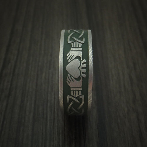 Resolute VIII - Damascus Steel Celtic Irish Claddagh Cerakote Men's Wedding Ring with Hardwood Sleeve - view 3 - Nura Lab