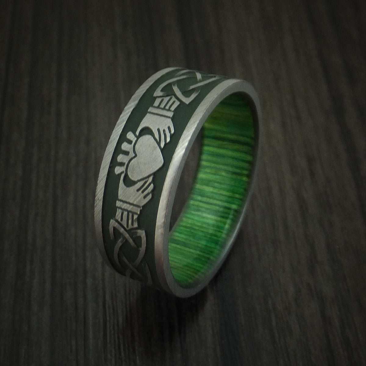 Resolute VIII - Damascus Steel Celtic Irish Claddagh Cerakote Men's Wedding Ring with Hardwood Sleeve - view 4 - Nura Lab
