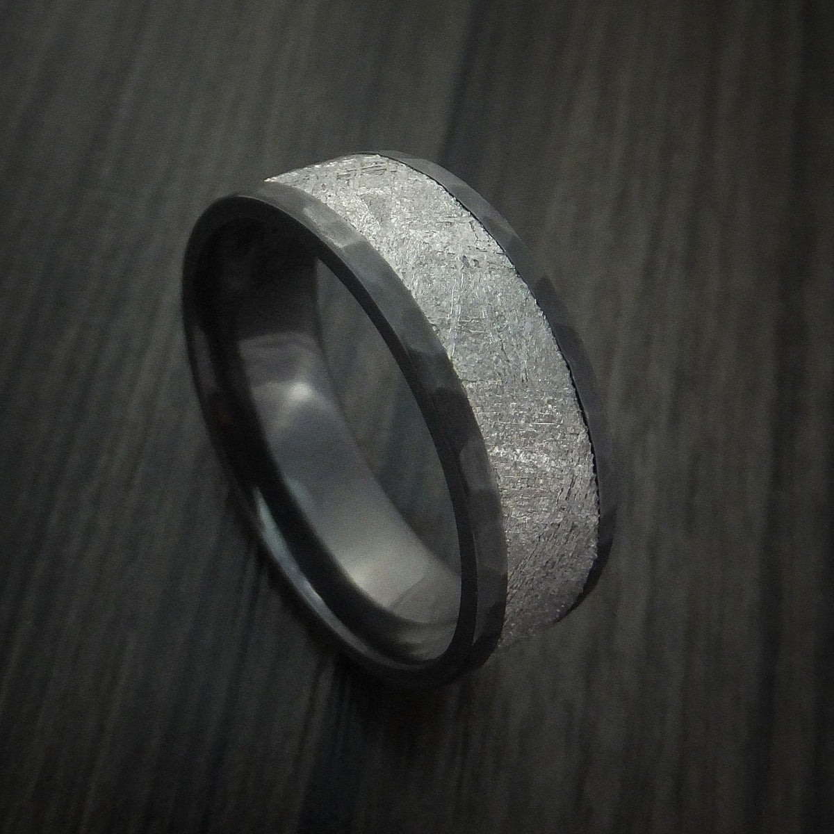 Spartan XVII - Black Zirconium Hammered Men's Wedding Ring with Gibeon Meteorite Inlay - Nura Lab