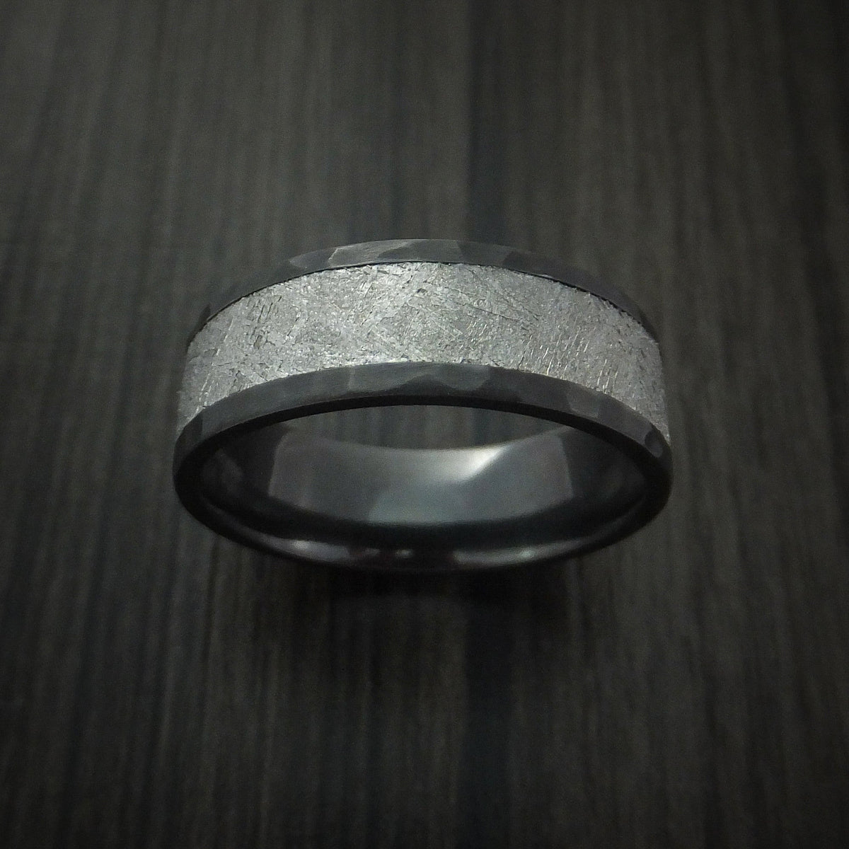 Spartan XVII - Black Zirconium Hammered Men's Wedding Ring with Gibeon Meteorite Inlay - view 2 - Nura Lab