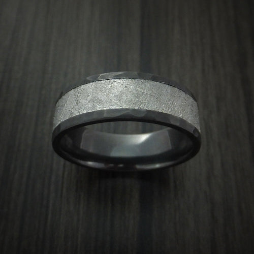 Spartan XVII - Black Zirconium Hammered Men's Wedding Ring with Gibeon Meteorite Inlay - view 2 - Nura Lab