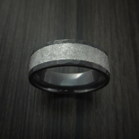 Spartan XVII - Black Zirconium Hammered Men's Wedding Ring with Gibeon Meteorite Inlay - view 2 - Nura Lab