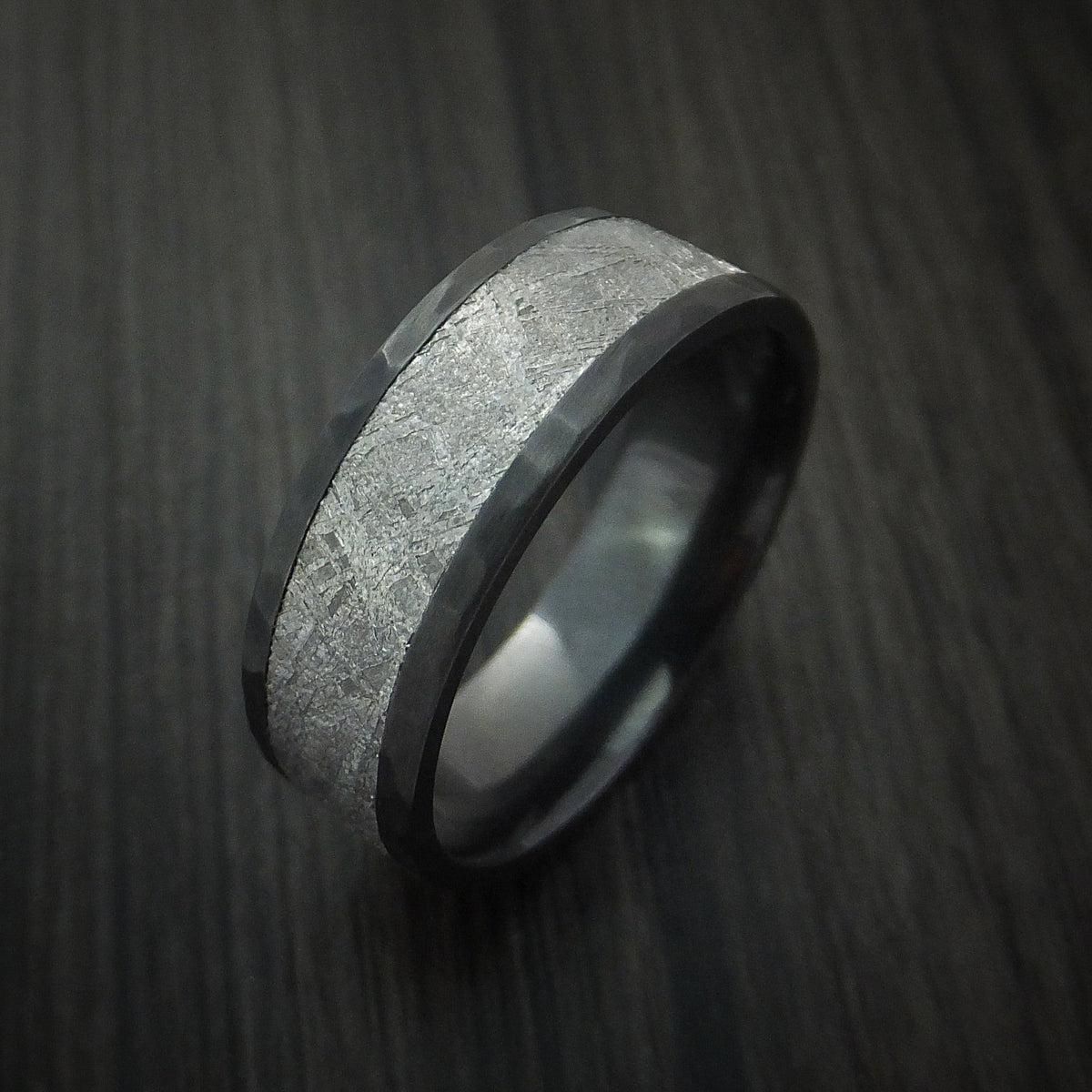 Spartan XVII - Black Zirconium Hammered Men's Wedding Ring with Gibeon Meteorite Inlay - view 4 - Nura Lab