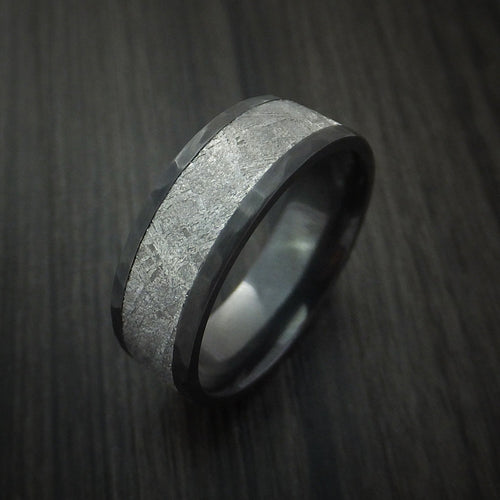 Spartan XVII - Black Zirconium Hammered Men's Wedding Ring with Gibeon Meteorite Inlay - view 4 - Nura Lab