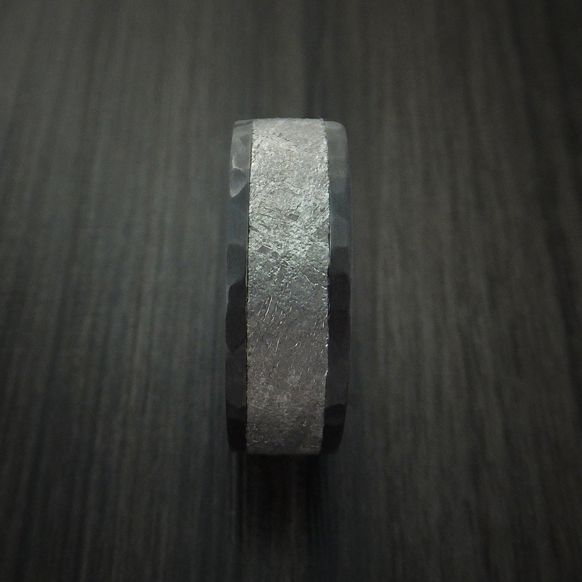 Spartan XVII - Black Zirconium Hammered Men's Wedding Ring with Gibeon Meteorite Inlay - view 3 - Nura Lab