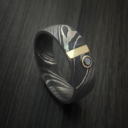 King James X - Damascus Steel with 14K Gold and Black Diamond Men's Wedding Ring - Nura Lab