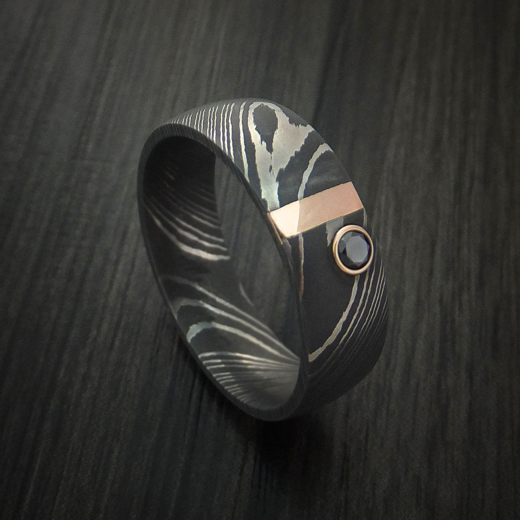 Vanguard XI - Damascus Steel with 14K Gold and Black Diamond Men's Wedding Ring - Nura Lab