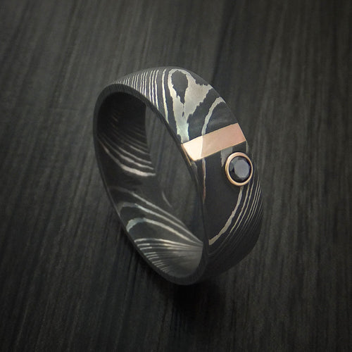 Vanguard XI - Damascus Steel with 14K Gold and Black Diamond Men's Wedding Ring - Nura Lab