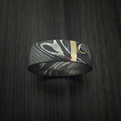 King James X - Damascus Steel with 14K Gold and Black Diamond Men's Wedding Ring - view 2 - Nura Lab