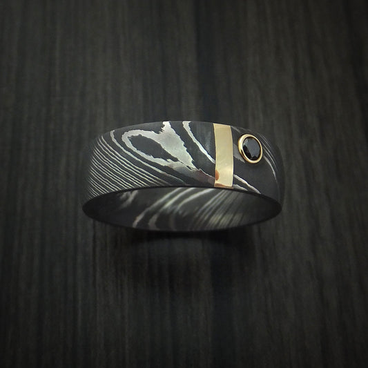 King James X - Damascus Steel with 14K Gold and Black Diamond Men's Wedding Ring - view 2 - Nura Lab