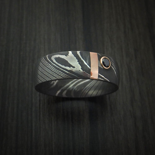 Vanguard XI - Damascus Steel with 14K Gold and Black Diamond Men's Wedding Ring - view 2 - Nura Lab