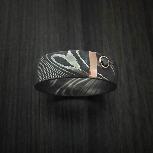 Vanguard XI - Damascus Steel with 14K Gold and Black Diamond Men's Wedding Ring - view 2 - Nura Lab