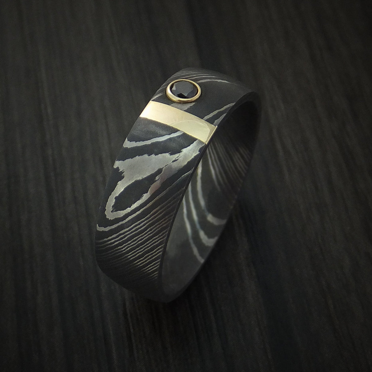 King James X - Damascus Steel with 14K Gold and Black Diamond Men's Wedding Ring - view 4 - Nura Lab