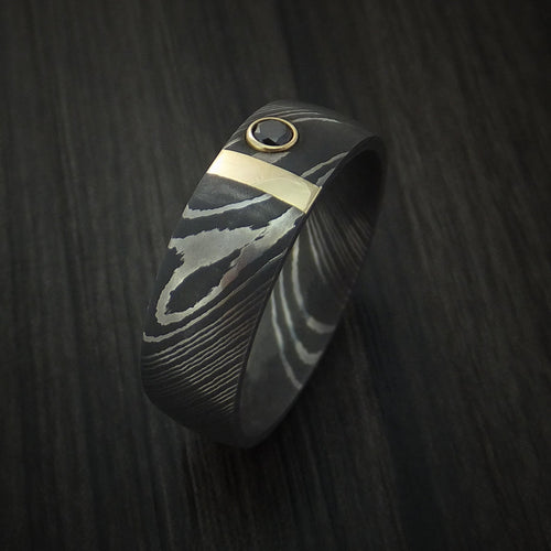 King James X - Damascus Steel with 14K Gold and Black Diamond Men's Wedding Ring - view 4 - Nura Lab