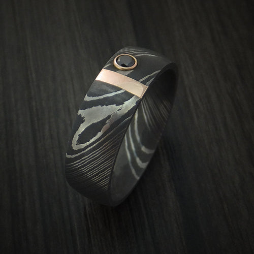 Vanguard XI - Damascus Steel with 14K Gold and Black Diamond Men's Wedding Ring - view 3 - Nura Lab