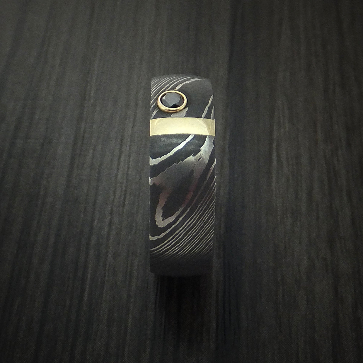 King James X - Damascus Steel with 14K Gold and Black Diamond Men's Wedding Ring - view 3 - Nura Lab
