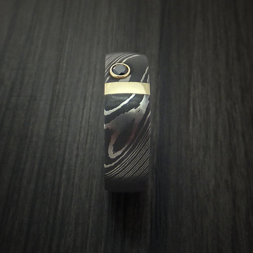King James X - Damascus Steel with 14K Gold and Black Diamond Men's Wedding Ring - view 3 - Nura Lab