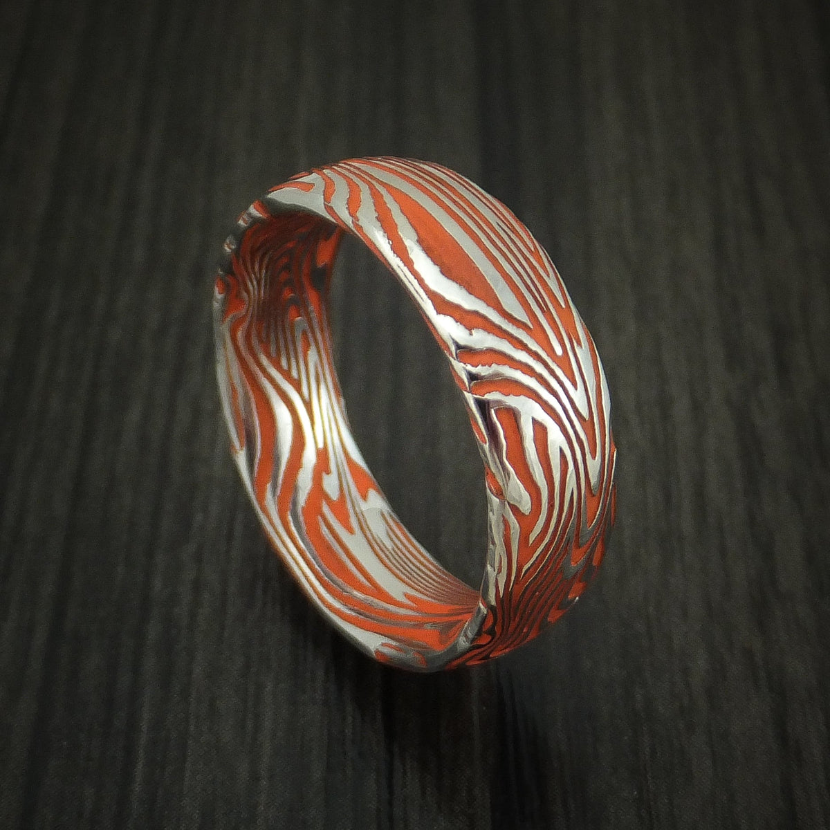 Dynasty IX - Sunset Kuro Damascus Steel and Hunter Orange Cerakote Men's Wedding Ring Band - Nura Lab