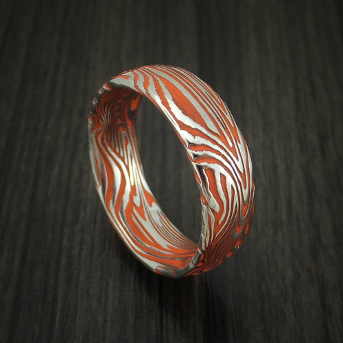 Dynasty IX - Sunset Kuro Damascus Steel and Hunter Orange Cerakote Men's Wedding Ring Band - Nura Lab