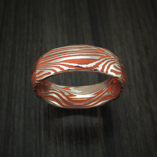 Dynasty IX - Sunset Kuro Damascus Steel and Hunter Orange Cerakote Men's Wedding Ring Band - view 2 - Nura Lab