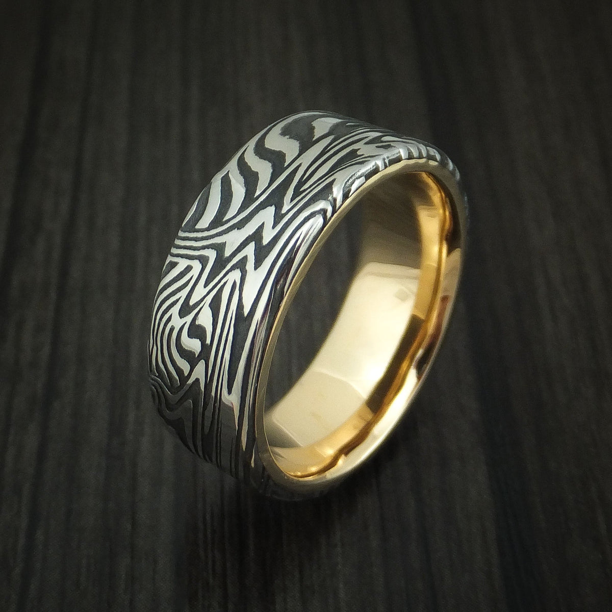 Sentinel XII - Sunset Kuro Damascus Steel Men's Wedding Ring with 14K Yellow Gold Sleeve - view 4 - Nura Lab