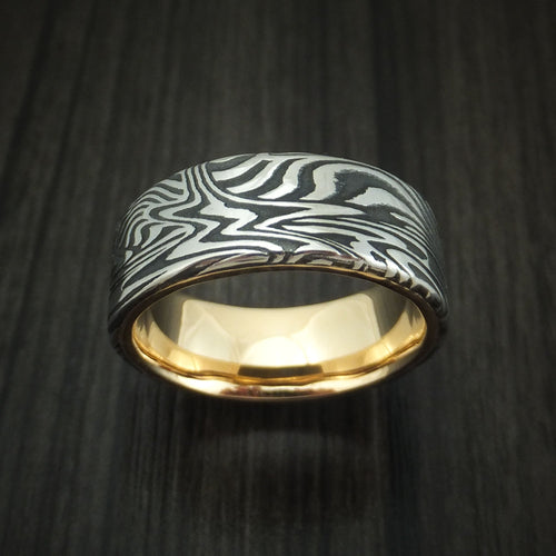 Sentinel XII - Sunset Kuro Damascus Steel Men's Wedding Ring with 14K Yellow Gold Sleeve - view 2 - Nura Lab