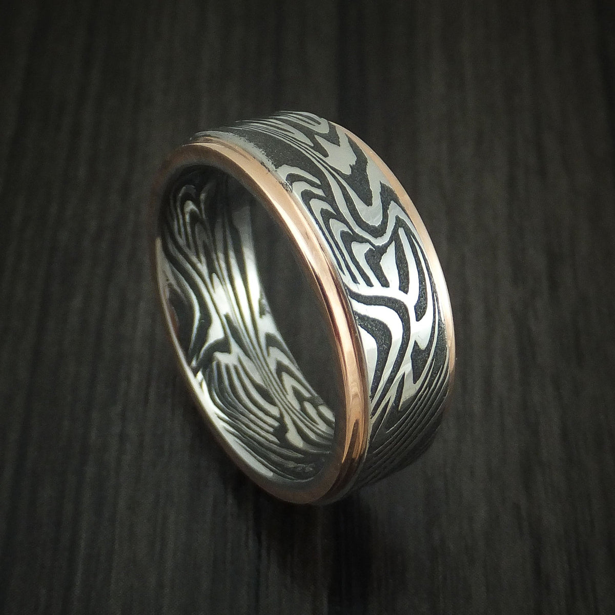Albatross X - Sunset Kuro Damascus Steel Men's Wedding Ring with 14K Rose Gold Edges Band - Nura Lab