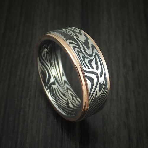 Albatross X - Sunset Kuro Damascus Steel Men's Wedding Ring with 14K Rose Gold Edges Band - Nura Lab