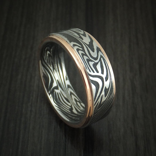 Albatross X - Sunset Kuro Damascus Steel Men's Wedding Ring with 14K Rose Gold Edges Band - Nura Lab