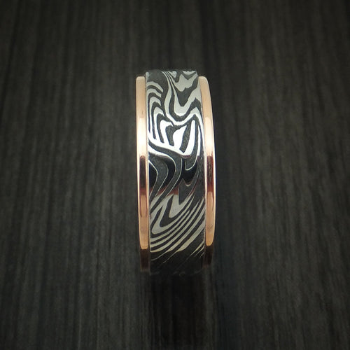 Albatross X - Sunset Kuro Damascus Steel Men's Wedding Ring with 14K Rose Gold Edges Band - view 3 - Nura Lab