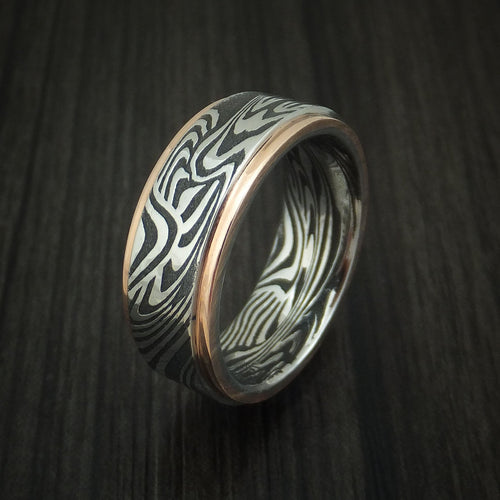 Albatross X - Sunset Kuro Damascus Steel Men's Wedding Ring with 14K Rose Gold Edges Band - view 4 - Nura Lab