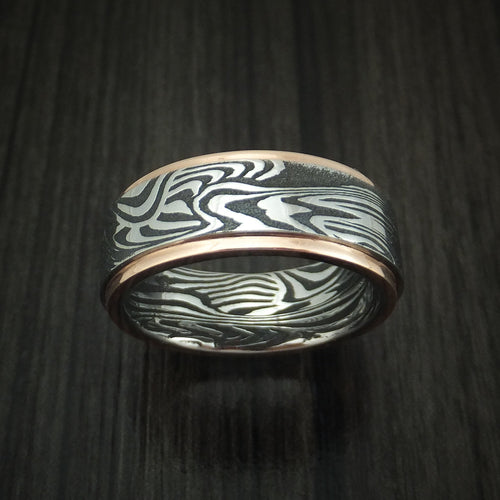 Albatross X - Sunset Kuro Damascus Steel Men's Wedding Ring with 14K Rose Gold Edges Band - view 2 - Nura Lab